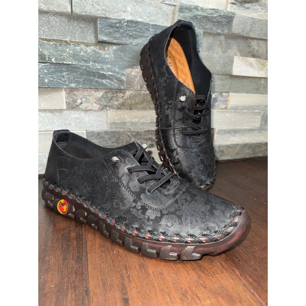 Salkin USA‎ Womens Black Floral Embossed Lace Up Comfort Shoes Walking Flats